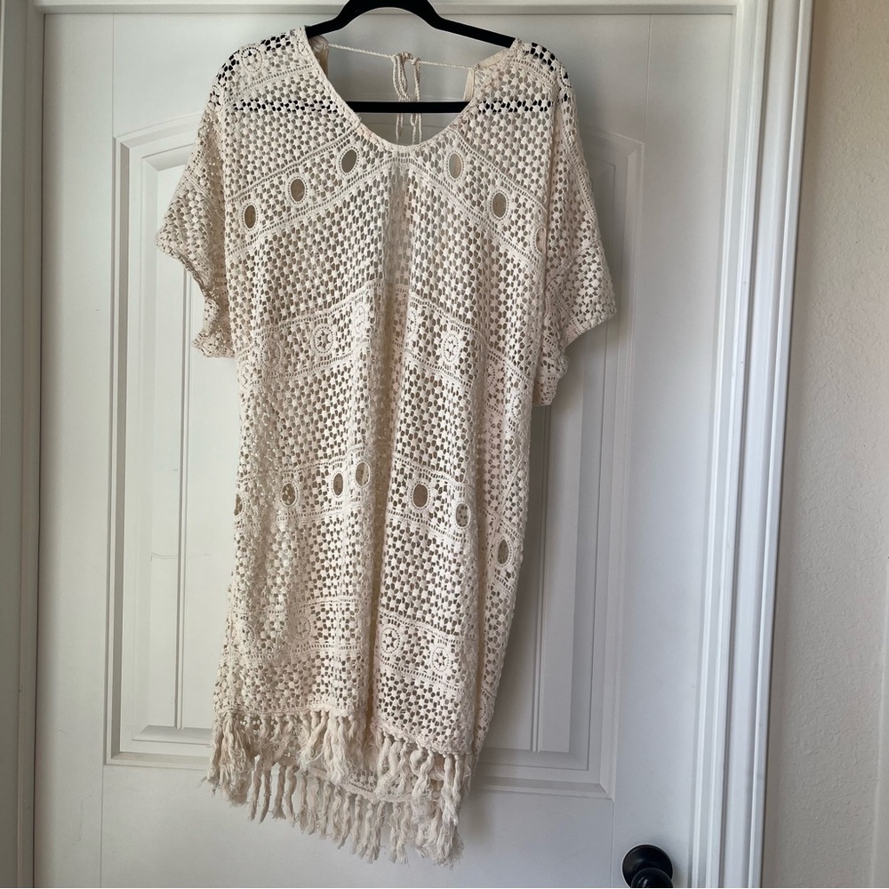 Blue Island Crochet Fringe Beach Cover Up Tunic in Cream size L/XL boho beach
